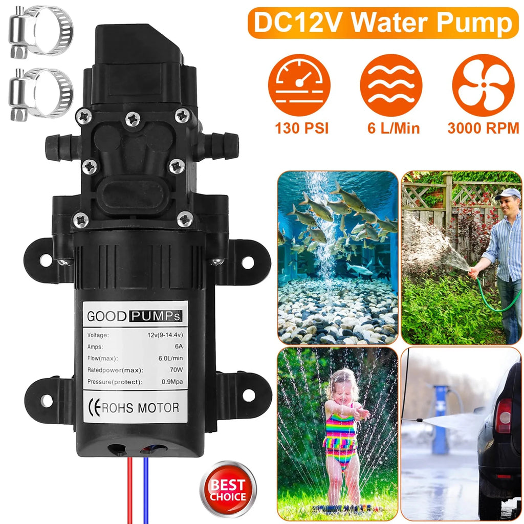 12V Water Pump with 2 Hose Clamps 130PSI Self Priming Sprayer - Garden Gets