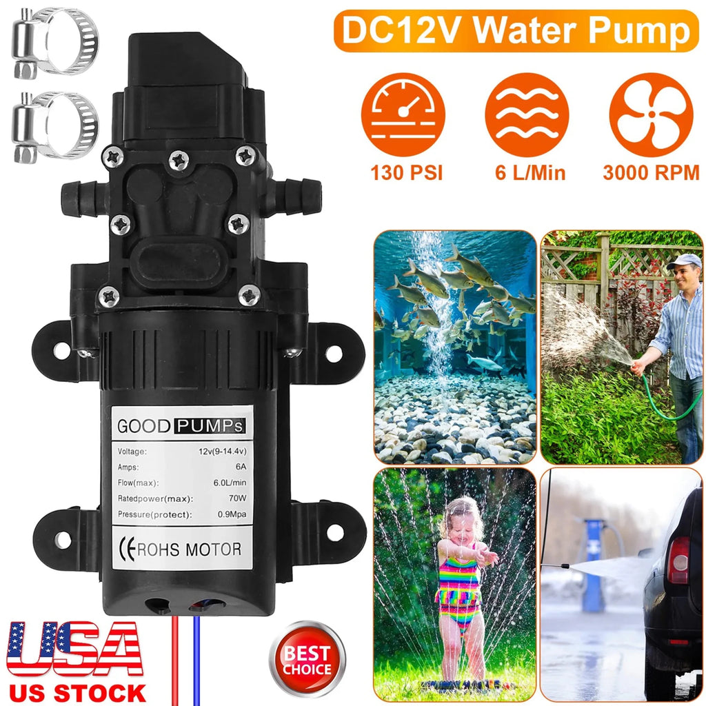 12V Water Pump with 2 Hose Clamps 130PSI Self Priming Sprayer - Garden Gets