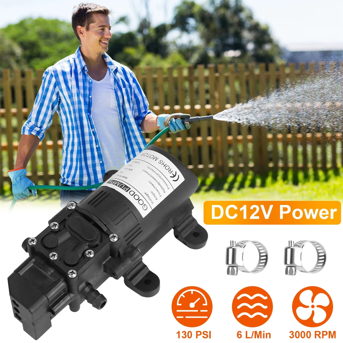 12V Water Pump with 2 Hose Clamps 130PSI Self Priming Sprayer - Garden Gets
