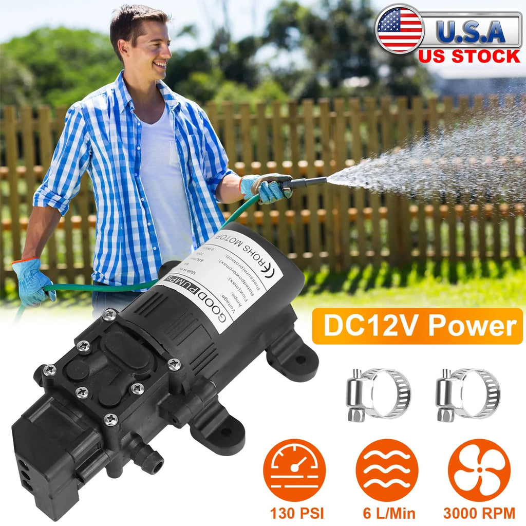 12V Water Pump with 2 Hose Clamps 130PSI Self Priming Sprayer - Garden Gets